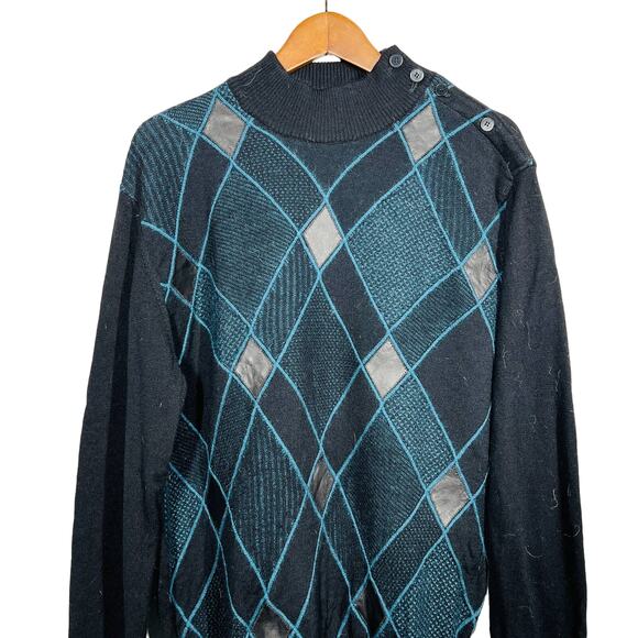 Vintage 80s Torras Leather Accent Argyle Sweater Mock Neck Side Button - 42 - Picture 2 of 10